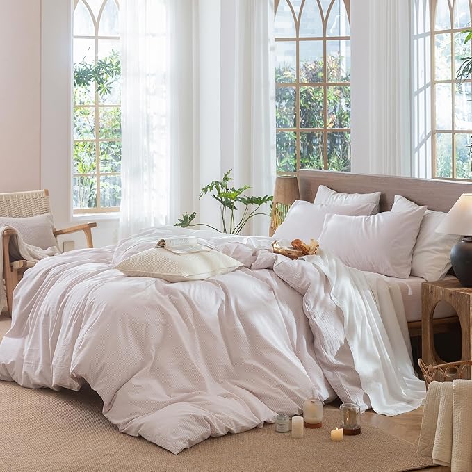MooMee Striped Duvet Cover Set 100% Washed Cotton Linen Like Textured Breathable Durable Soft Comfy (Heathered Greyish Pink Pinstripes, Oversized Full 82"x86")