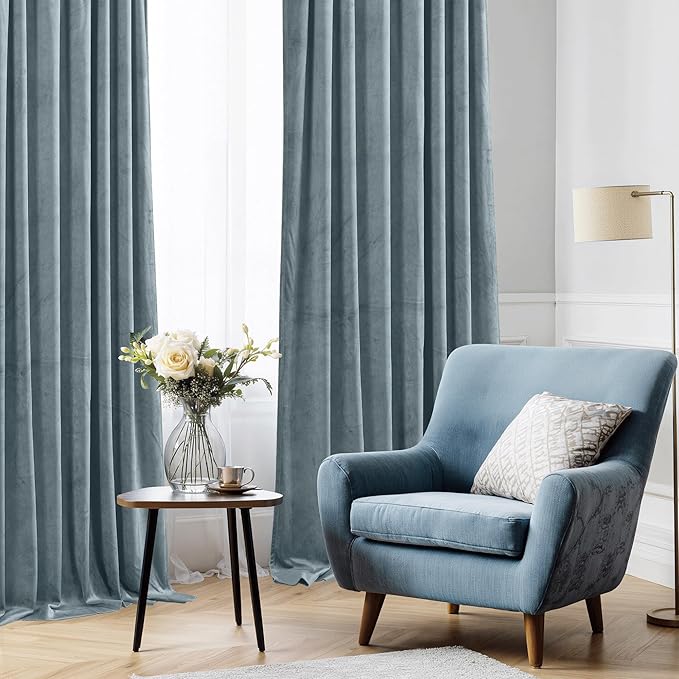 StangH Stone Blue Curtains for Living Room Sliding Door, Elegant Velvet Thermal Insulated Privacy Drapes for Bedroom/Kids, Heavy Soft Home Decor, W52 x L100, 2 Panels