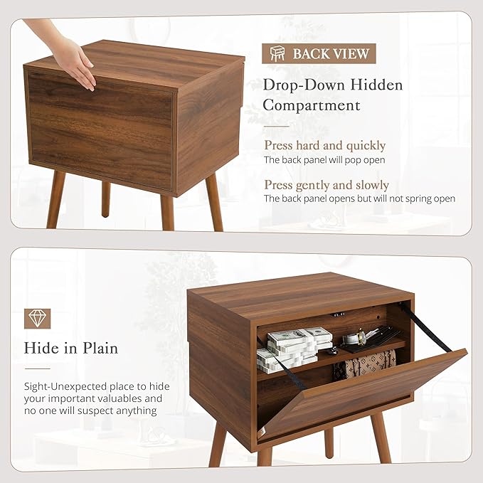 Hidden Compartment Nightstands, Mid Century Modern Concealment Furniture, Bedside Table with Wood Legs, End Table with Storage Drawer for Bedroom (1,Walnut)