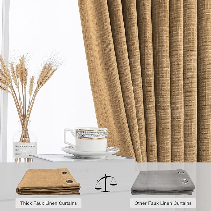 Jacquard Linen Curtains 63 inch Length 2 Panels Thick Faux Linen Blended Window Drapes Burlap Textured Curtains with Grommet for Living Room Bedroom Farmhouse (42x63 Light Coffee) Natural