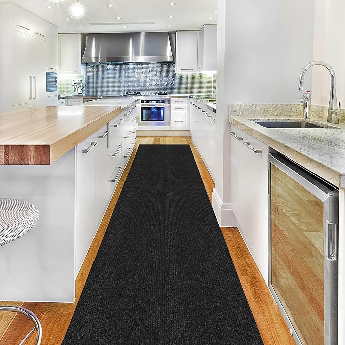 Ottomanson 2' x 16' Hallway Runner with Scraper Pile Extra Durable Non-Slip Rug Mat for Indoor & Outdoor Use - Ideal for Kitchen, Entryway, Patio & Garage - High-Traffic Carpet, Black