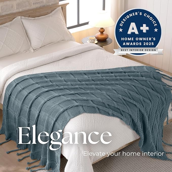 Boho Knitted Chenille Blanket with Tassels - Lightweight & Soft All-Season Throw - 3D Classic Pattern for Living Room Bedroom Couch, Celestial Blue, Twin 60"x80"
