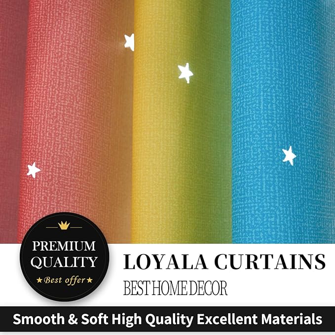 Star Curtains Blackout Curtains for Bedroom Cute Curtains Kids Curtains Rainbow Curtains, Curtains 96 Inches Long 2 Panels, Red & Yellow & Blue Curtains, 52 X 96 Inches