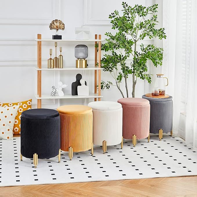 Mxfurhawa Round Ottoman Foot Stool with Storage and Metal Legs for Living Room Bedroom, Velvet Upholstered Footrest Stool Support 300lbs Modern Padded Seat Ottoman Coffee Table (Grey)