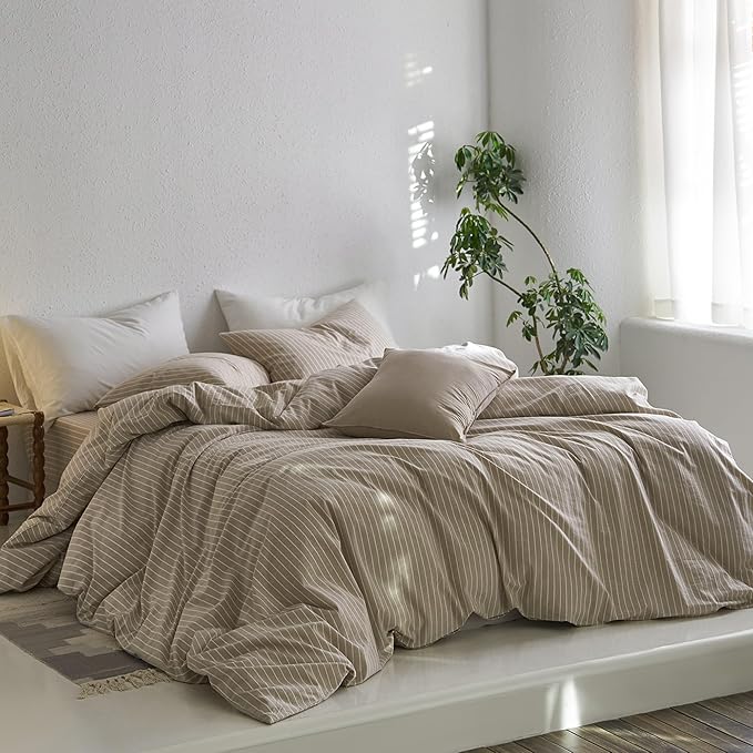 MooMee Striped Duvet Cover Set 100% Washed Cotton Linen Like Textured Breathable Durable Soft Comfy (Tannish Linen Grey White Wide Stripes, Queen 90"x90")