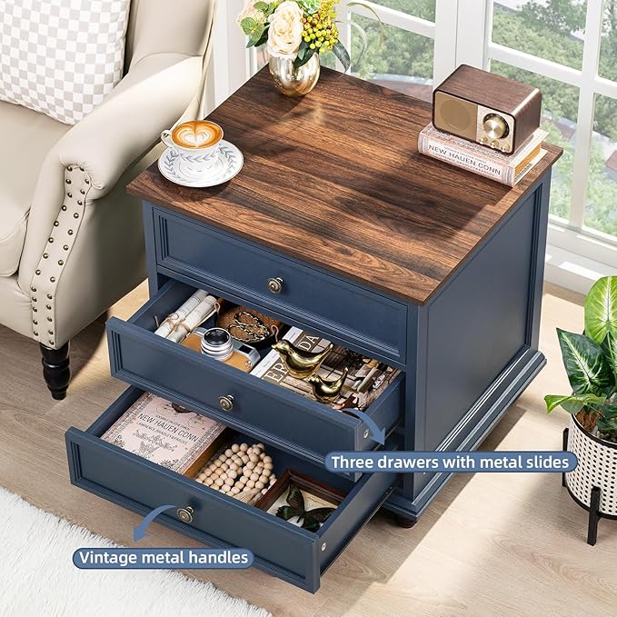24" Wide Farmhouse Night Stand Set of 2,Large End Table with 3 Drawers & Metal Handle,Blue Dresser for Bedroom,Bed Side Table Chest of Drawers Cabinet,Wood Nightstand for Living Room,Closet