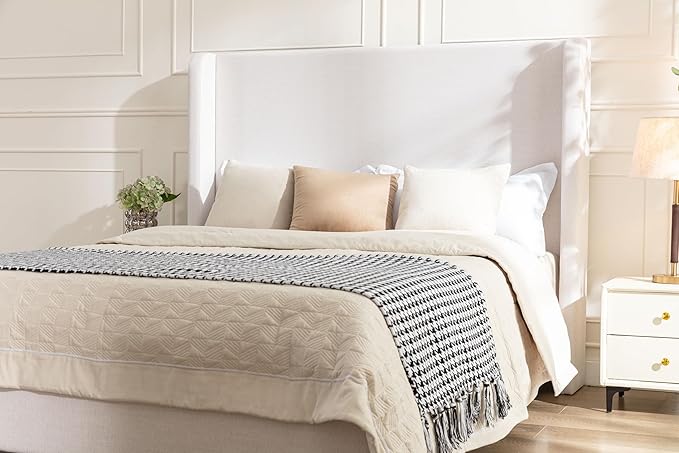 Queen Size Upholstered Platform Bed with 54" Tall Wingback Headboard/Elegant Upholstered Bed Frame Without Wooden Slats/Box Spring Required/Easy Assembly/Textured Ivory Canvas