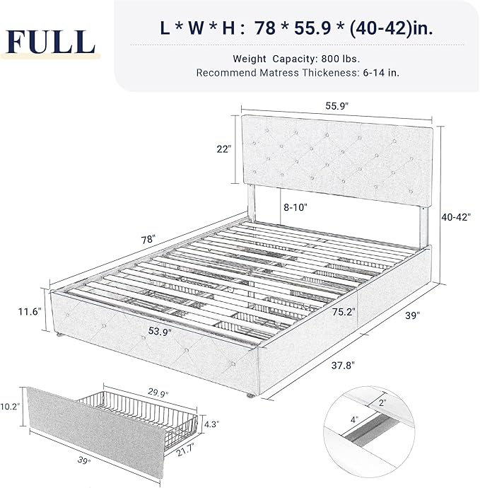 Allewie Upholstered Full Size Platform Bed Frame with 4 Storage Drawers and Headboard, Diamond Stitched Button Tufted, Mattress Foundation with Wooden Slats Support, No Box Spring Needed, Black Brown