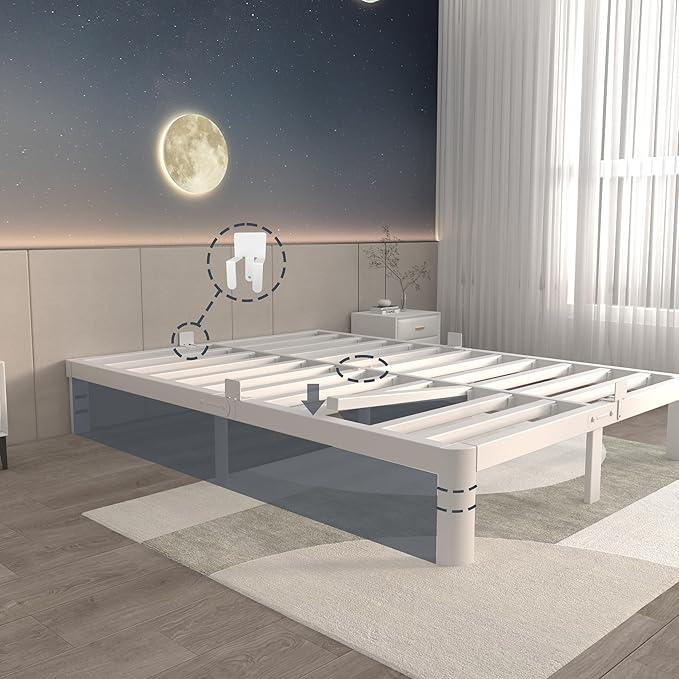 ITIMIDI 10 Inch Full White Bed Frames with Metal Gaskets,Metal Platform Bed Frame Full Size, Heavy Duty Steel Support 3000 LBS, No Box Spring Needed, Anti-Slip Mattress Stopper, Easy Assembly