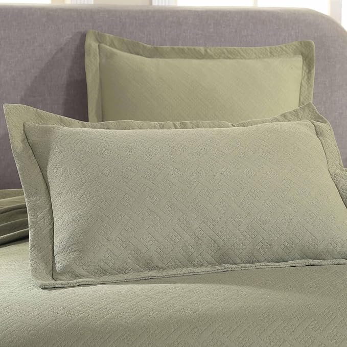 Superior 100% Cotton Basket Weave Bedspread with Shams, All-Season Premium Cotton Matelasse Jacquard Bedding, Quilted-Look Geometric Basket, Full, Sage