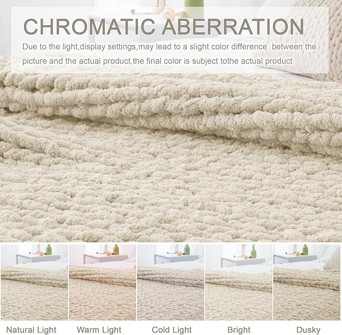 Chunky Knit Throw Blanket 50"X 60", 100% Handmade with Soft Chenille Yarn, 4.4lbs Thick Cable Knitted Blankets, Large Rope Knot Crochet Throws for Couch Sofa Bed Home Decor, Beige