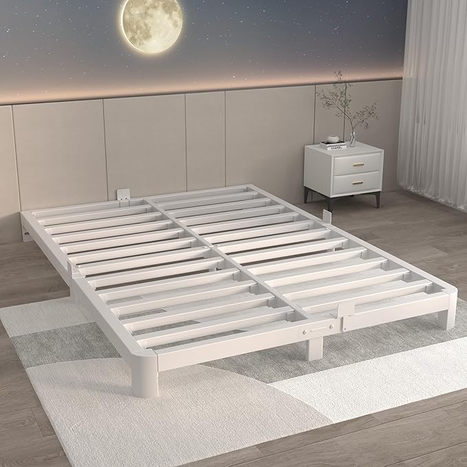 ITIMIDI 4 Inch White Queen Bed Frame, Metal Platform Bed Frames with Metal Gaskets, Heavy Duty Steel Support 3000 LBS, No Box Spring Needed, Anti-Slip Mattress Stopper, Easy Assembly
