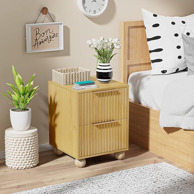 Fluted Nightstand, Natural Oak Finish Bedside Table with Spacious Storage Drawers, Night Stand with Solid Wood Round Legs for Bedroom, End Table, Side Table