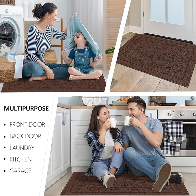 FONEYI Indoor Door Mat, Front Back Door Mat 20" x 32" Non-Slip Rubber Backing Door Rug, Machine Washable Entry Rug, Low Profile Absorbent Dirt Trapper Doormat Inside Floor Mats for Entryway, Coffee