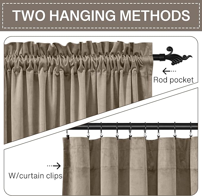 StangH Camel Beige Curtains 90 inches Long Luxury Soft Velvet Thermal Insulated Privacy Assured Curtain Panels for Sliding Door Dining Room Closet, W42 x L90, 2 Panels