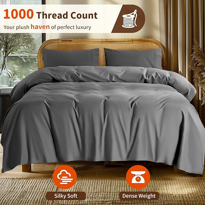 LBRO2M 1000 Thread Count 100% Egyptian Cotton Sheets Set Twin XL, 3 Piece Sets Bed Sheet Deep Pocket Sheet Set 16" Soft Comfortable All Season (Twin XL, Dark Gray)