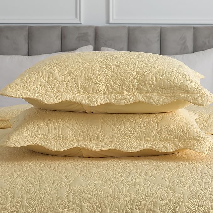 HoneiLife Queen Size Quilt Sets - 3 Piece Queen Quilt Bedding Set Microfiber Quilt Set Lightweight Bedspreads Reversible Coverlets Retro Bed Cover Floral Bedding Set All Season Quilts-Yellow