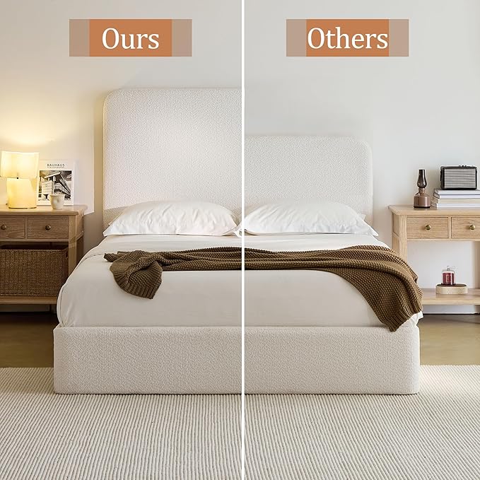 King Size Upholstered Bed Frame, 52" High Headboard Wingback Bedframes, Canter Tall Headboard Floor Platform Beds, No Box Spring Needed No Noise/Easy Assembly/Minimalist, Pearl White Chenille