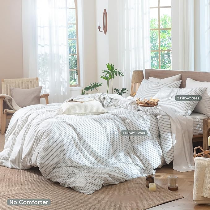 MooMee Striped Duvet Cover Set 100% Washed Cotton Linen Like Textured Breathable Durable Soft Comfy (White Heathered Green Wide Stripes, Super Queen 90"x98")