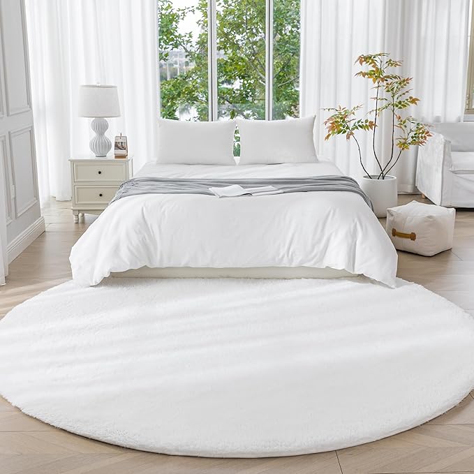 Amazon Basics Fluffy Washable Round Area Rug, Circle Shaggy Carpet for Living Room, Bedroom, Nursery, 8'R, Cream