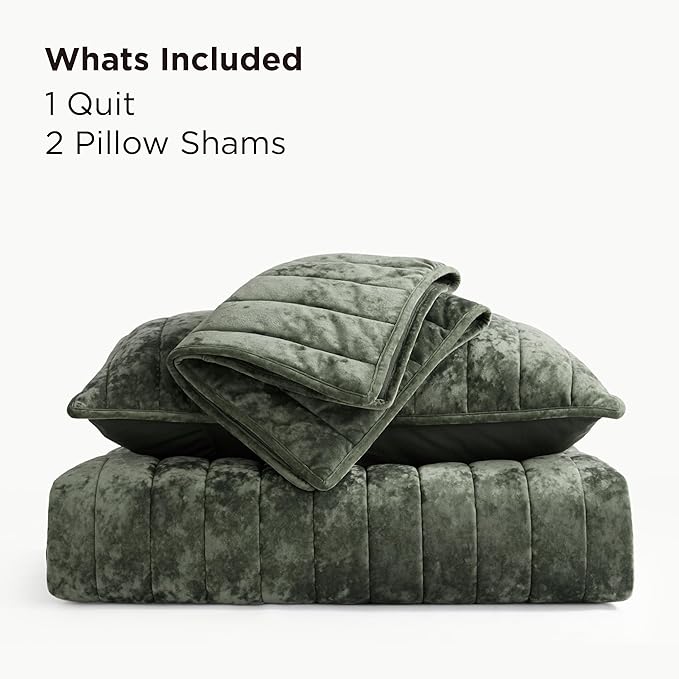 Bedsure Velvet Quilt Queen Size Set - Lightweight Velvet Comforter Queen, Luxury Bedspread Coverlet, Ultra-Soft Winter Bedding Set with 2 Pillow Shams, 90"x96", Olive Green
