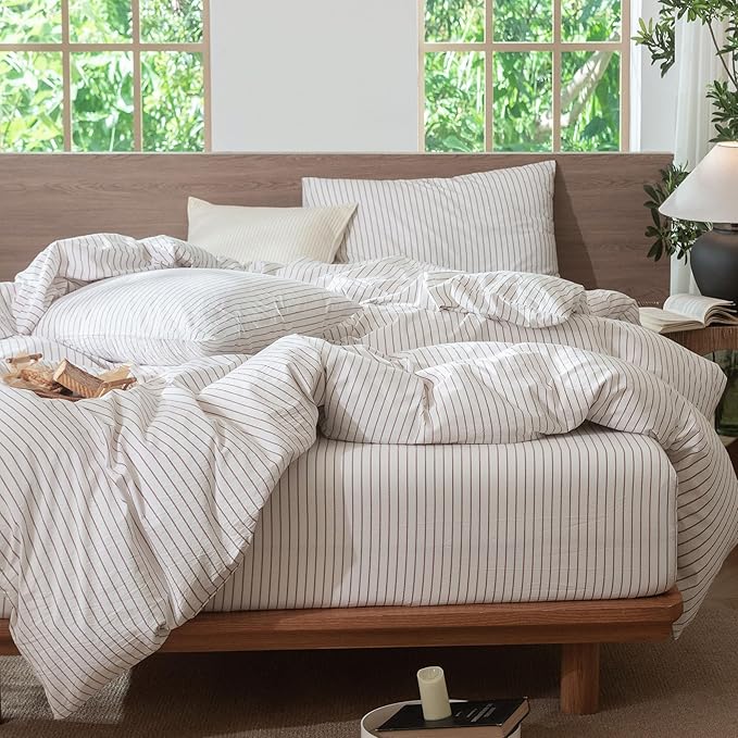 MooMee Striped Duvet Cover Set 100% Washed Cotton Linen Like Textured Breathable Durable Soft Comfy (White Orange Wide Stripes, Oversized Queen 98"x98")