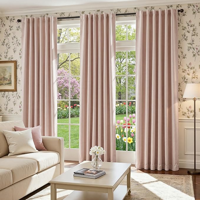jinchan Chenille Blackout Curtains 108 Inches Long Light Pink Thermal Insulated Curtains for Living Room Bedroom 2 Panels Triple Weave Noise Reducing Drapes Girls Room Curtains Back Tab 50x108 Inch
