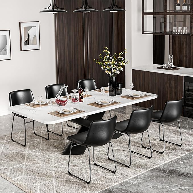Dining Chairs Set of 6, 18 Inch Kitchen Chairs with Back, Faux Leather Armless Dining Room Chairs with Metal Legs for Home, Bistro Coffee Shops (Black)