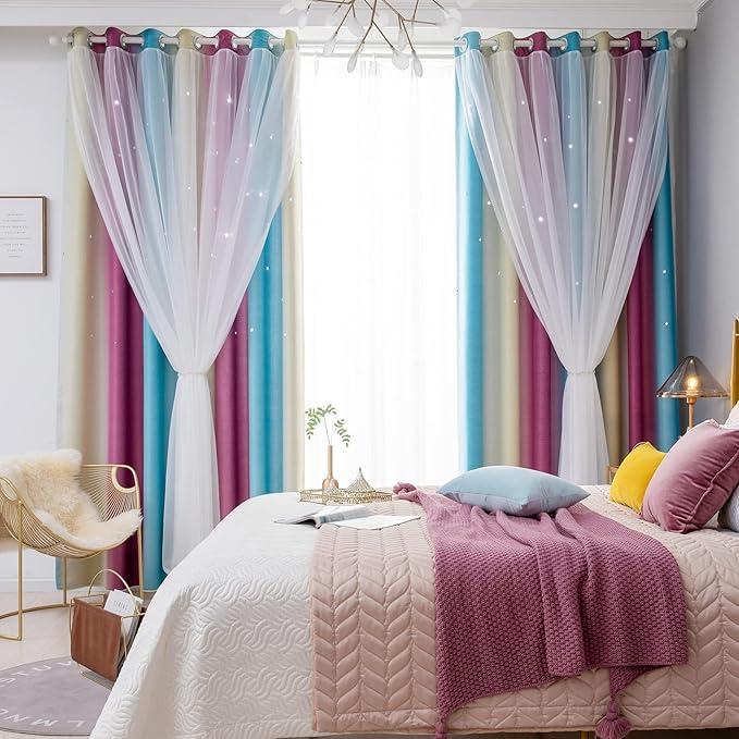 Star Blackout Curtains - Bedroom Cute Kids Rainbow, 63 Inch Long 2 Panels, Purple & Blue, 42 X 63 Inches