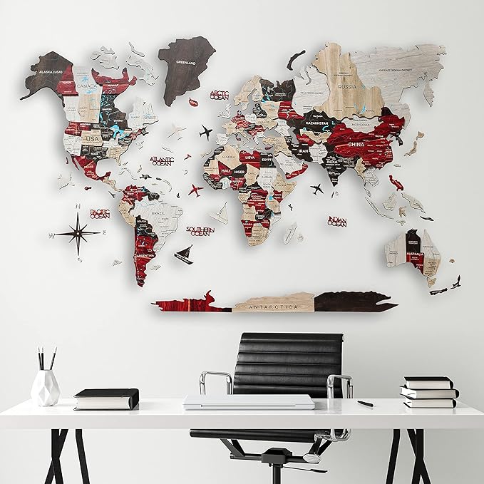 Handmade 3D Wood World Map Wall Art Large Wall Decor Track Your World Travels - Special for Home, Kitchen and Office (Urban, X-Large)