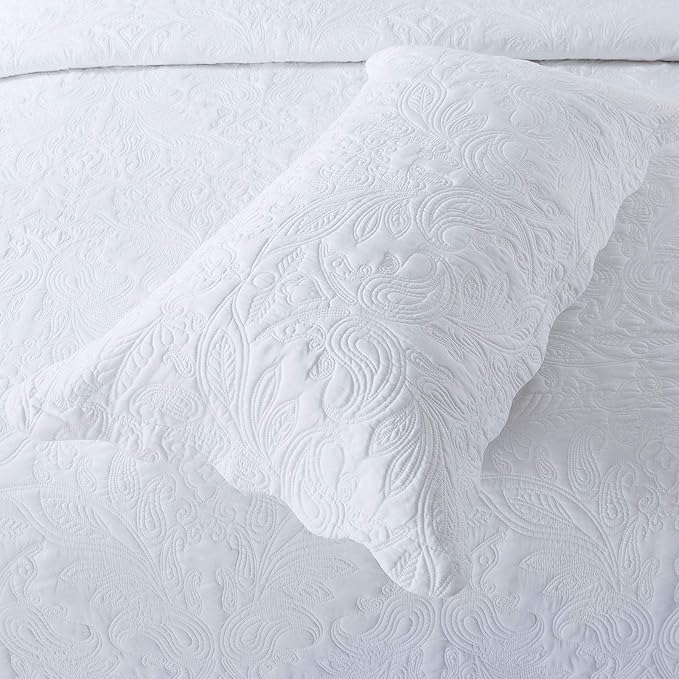 HoneiLife Quilt Set Queen Size - 3 Piece Embroidered Microfiber Bedspread Reversible Coverlet Lightweight Bedcover Paisley Pattern Bedding Set All Season Quilts-White