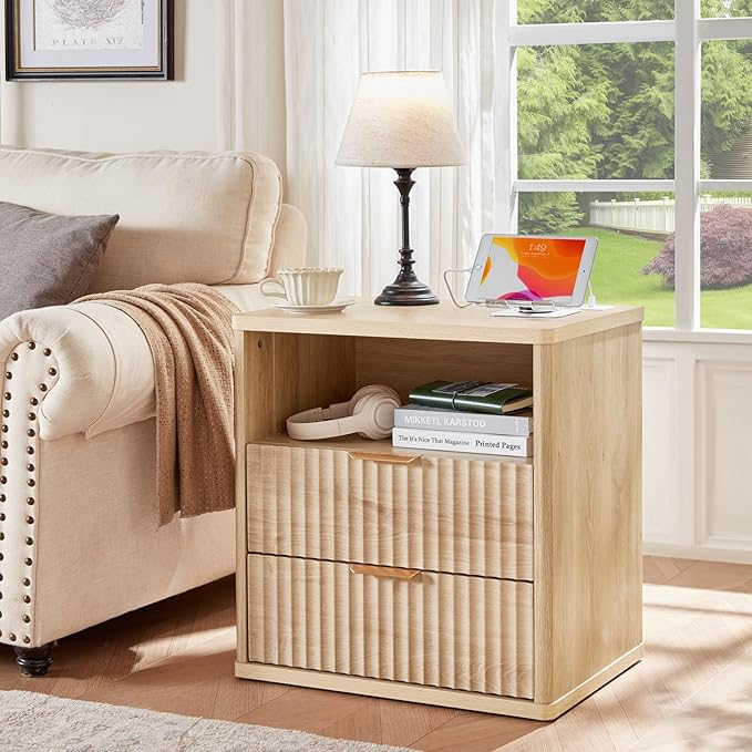 LEYAOYAO 48" Wide Fluted Dresser and 2 Drawers 23" Nightstand Set of 2, Wooden Dresser & Night Stand with Charging Station, 3 Piece Bedroom Furniture Set, Chest of Drawer for Living Room,Natural Wood