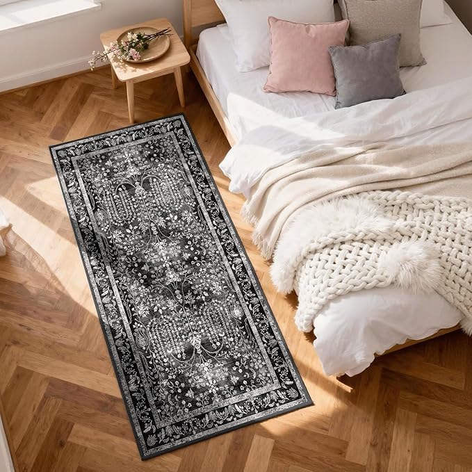 2x3 Washable Area Rug for Entryway：Soft Traditional Printed Area Rug Non-Slip Kitchen Rugs Low-Pile Medallion Indoor Door Mat Small Farmhouse Carpet for Entrance Foyer Bedside Black White 2x3
