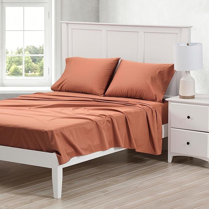 Cuddledown Dreamstead 100% Cotton Bed Sheets Set | 300 Thread Count | Luxurious Sateen Weave | Pure Combed Cotton | Soft | Wrinkle Resistant | 4 Piece Set | Red Sand | Queen | 60” x 80”