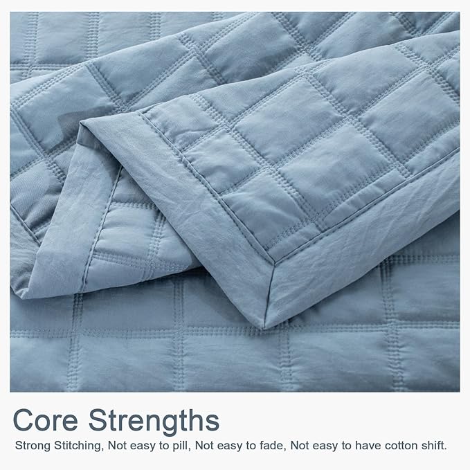 KASENTEX Oversized Queen Quilt Set 102"x106" – Soft Washed 3-Layer Lightweight Bedspread, Minimalist Nordic Design, All-Season Spring & Summer Quilt Set (1 Quilt + 2 Pillow Shams), Grey Blue