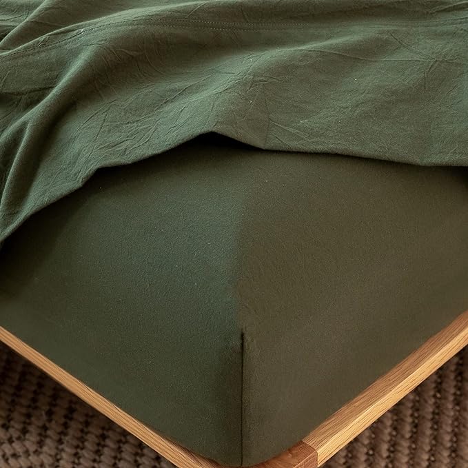 MooMee Fitted Bottom Sheet Only 100% Washed Cotton Linen Like Textured Breathable Durable Soft Comfy Deep Pocket Fits Mattress up to 17" (Olive Green, California King)
