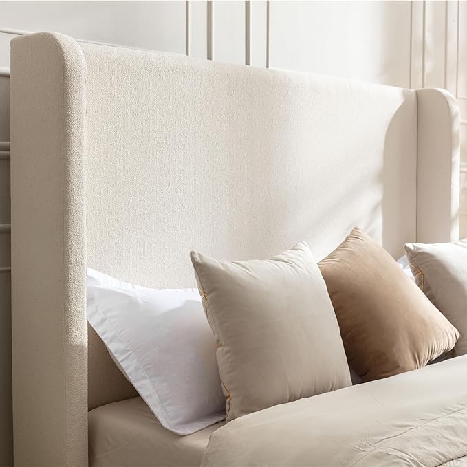 Harper Bed Frame with 54" Extra-Tall Headboard - Modern Wingback Upholstered Platform Bed, Textured Boucle Fabric, 1000lbs Heavy Duty Support, No Box Spring Needed(Ivory, Queen U.S. Standard)