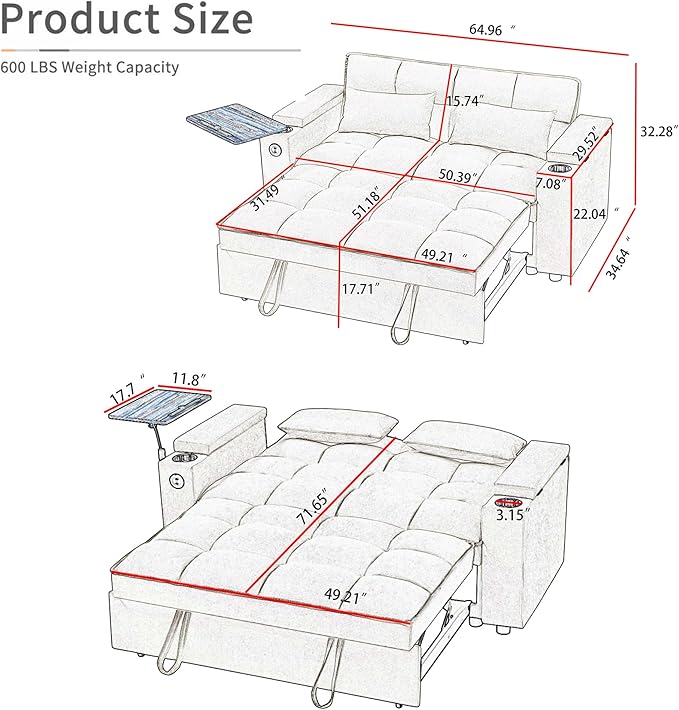 65'' Convertible Sleeper Sofa Bed with Adjustable Backrest, Chaise Lounge, Side Table & USB/Type-C Ports – Stylish & Functional Addition to Any Living Room (White)