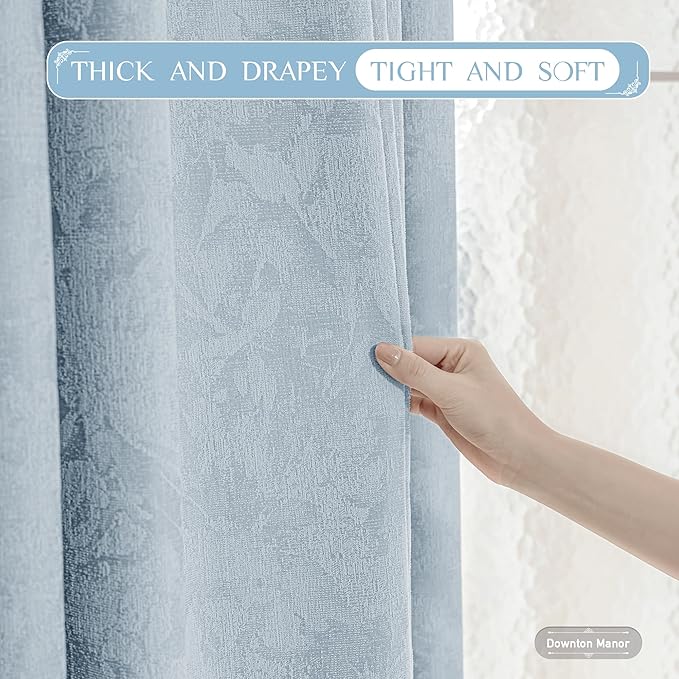 Beauoop Blue Floral Jacquard Blackout Curtains 84 Inches Long 2 Panels for Bedroom Living Room Chenille Flower Room Darkening Thermal Insulated Soundproof Rod Pocket Back Tab Window Drapes, 52x84