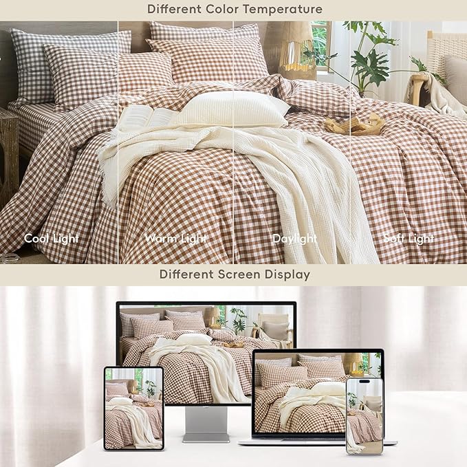 MooMee Gingham Duvet Cover Set 100% Washed Cotton Linen Like Textured Breathable Durable Soft Comfy Modern Checkered Design (Dark Orange Gingham, Super King 108"x98")