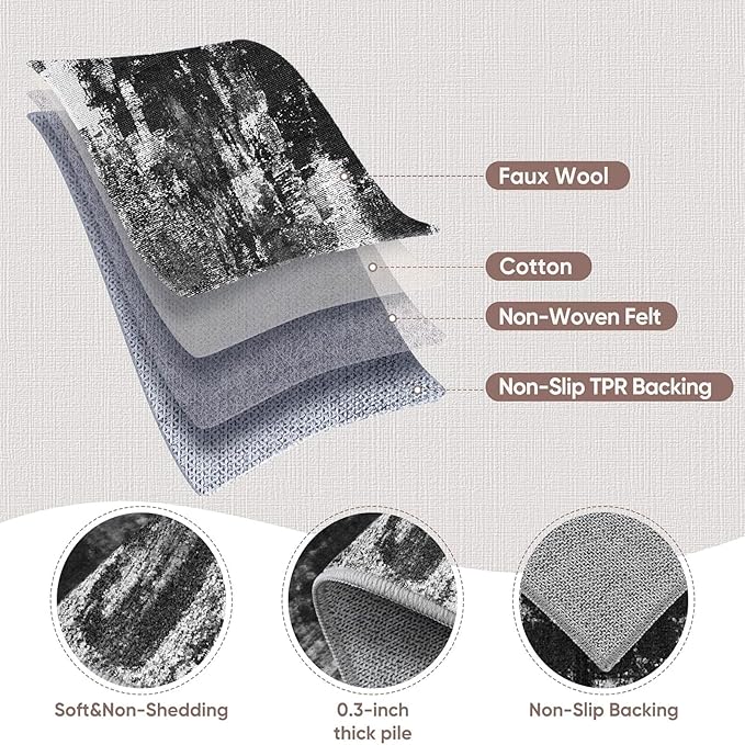 3x6 Kitchen Hallway Runner Rug: Long Washable Rug Runner Non-Slip Indoor Abstract Rugs - Low Pile Soft Floor Runners for Bedroom Living Room Dining Entryway Bathroom Laundry Black White 3x6