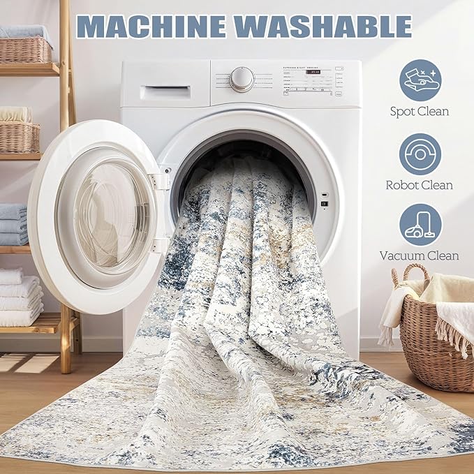 8ft Round Area Rug Living Room Rugs - 8x8 Washable Large Soft Indoor Neutral Modern Abstract Low Pile Rug Carpet for Bedroom Dining Room Farmhouse Home Office - Beige Blue