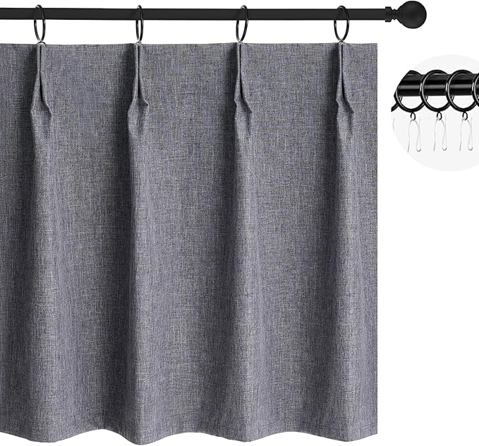 WdFour Small Pinch Pleated, Full Blackout Linen Look Window Curtains for Bathroom, Living Room, Bedroom, Block Lights and Offer Privacy.(Dark Gray,30" W x 24" L)