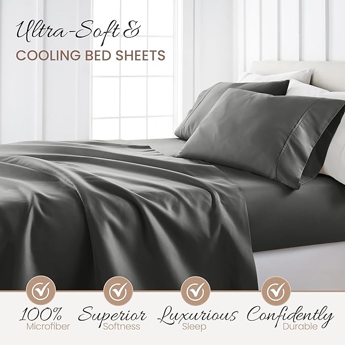 Linen Market Brushed Microfiber King Sheet Set 4 Piece – Oeko-TEX Certified Ultra Soft & Wrinkle-Free - 16" Deep Pocket Sheets - Easy Care King Size - Gray