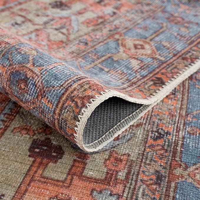 Bloom Rugs Washable 9' x 12' Rug - Terracotta/Blue Traditional Area Rug for Living Room, Bedroom, Dining Room, and Kitchen - Exact Size: 9' x 12'