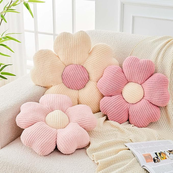 Kcvvcr Flower Throw Pillow, Cute Flower Shaped Pillow Decorative Throw Pillow for Bed Couch, Soft Daisy Pillows Floor Seating Cushion Cushions (19.6 Inch Ivory+Pink)