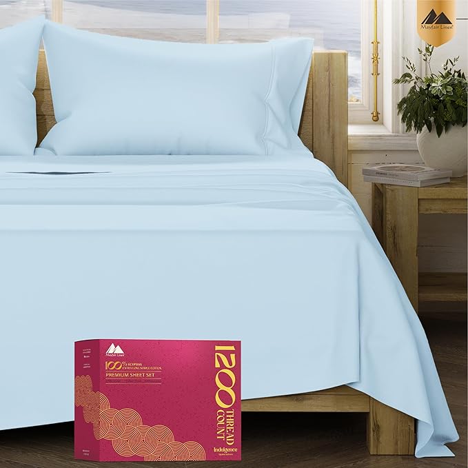 Mayfair Linen 100% Egyptian Cotton Sheets King Size - Luxury 1200 High Thread Count Egyptian Cotton King Size Sheets Set (4 PC, Light Blue), Soft, Cooling, 17" Deep Pocket Sateen Weave Hotel Bedding