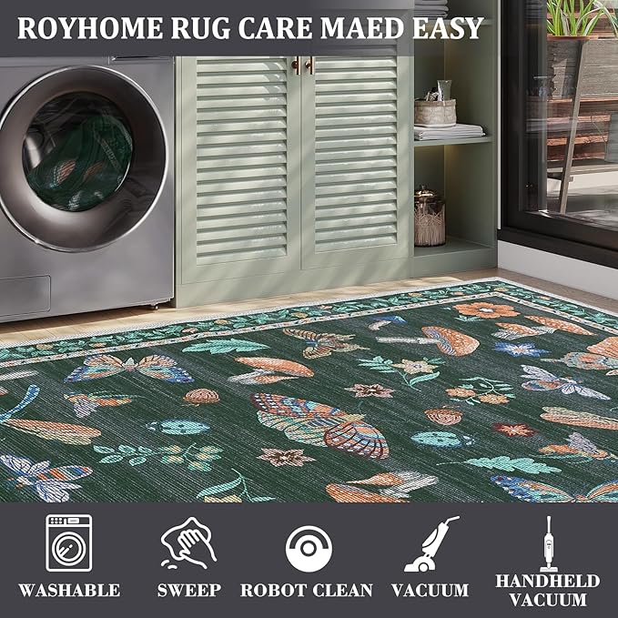 Mushroom Insect Rug 2x6 Runners for Hallways, Boho Kitchen Runner Rugs Non Slip Bath, Modern Washable Rug for Bedroom, Soft Long Rugs for Entryway Bathroom Laundry Dorm, Black