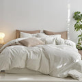 MooMee Striped Duvet Cover Set 100% Washed Cotton Linen Like Textured Breathable Durable Soft Comfy (White Sage Green Wide Stripes, Palatial King/Oversized King 120"x98")