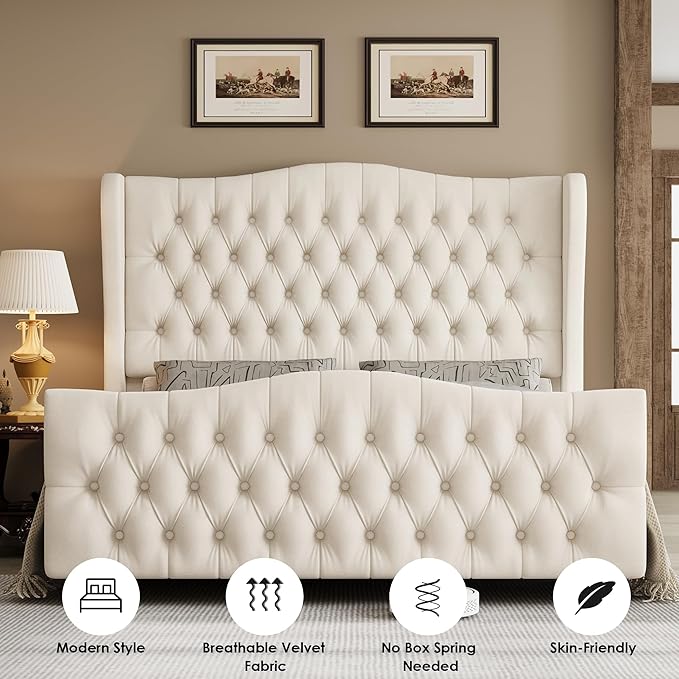 Keyluv Full Size 54.3” Tall Platform Bed Frame with Deep Button Tufted Wingback Headboard and Footboard, Velvet Upholstered Bed Frame with Handmade Pleats, No Box Spring Needed, Beige/Cream